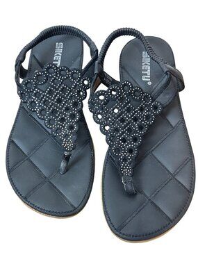 Siketu Womens Black Rhinestone Sandals Size 40 Elastic Strap Casual Summer Shoes